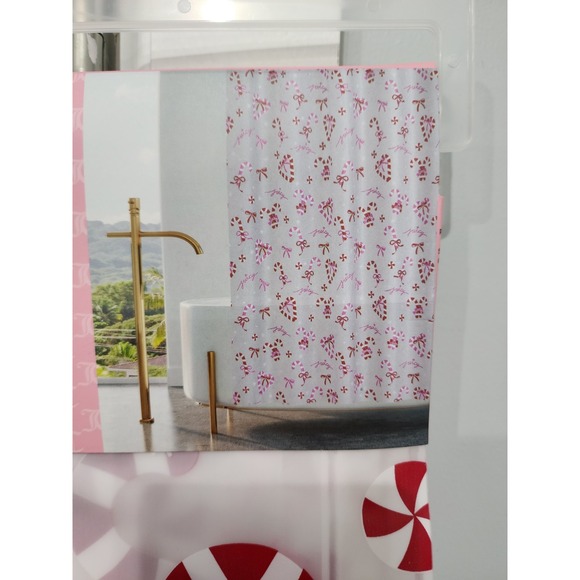 Juicy Couture Holiday Christmas Pink Candy Cane Hearts PEVA Shower Curtain Y2K - Picture 2 of 3